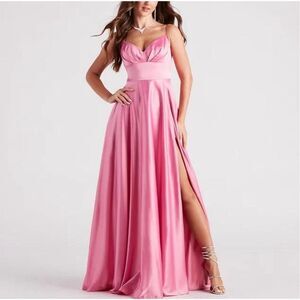Windsor pink satin finish gown - Gillian Formal Satin A-Line Dress with slit siz